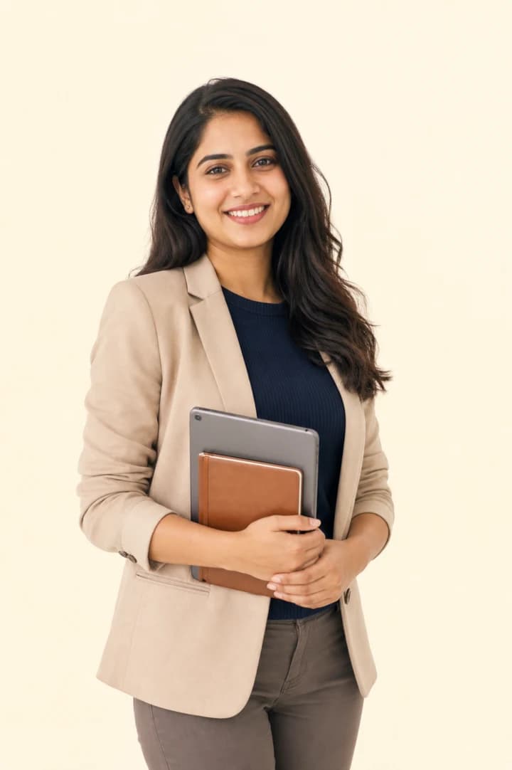 Indian tutor planning a lesson with a tablet